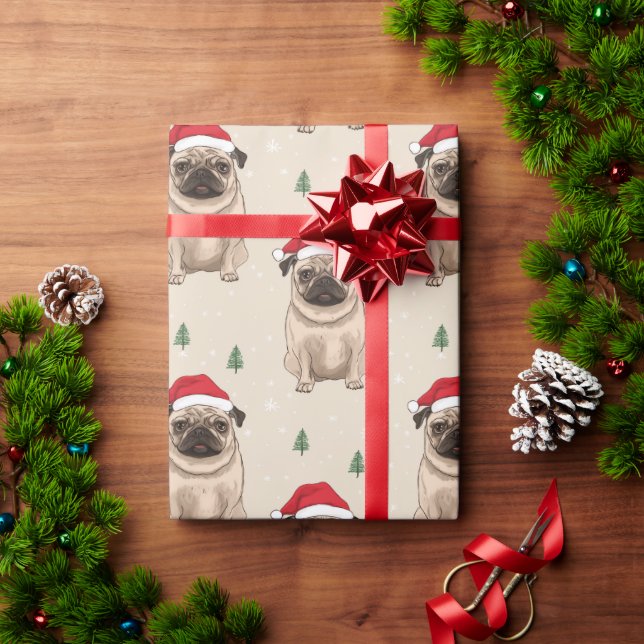 Papel De Regalo Pug con Navidades rústicos de Santa hat (Regalo de vacaciones)
