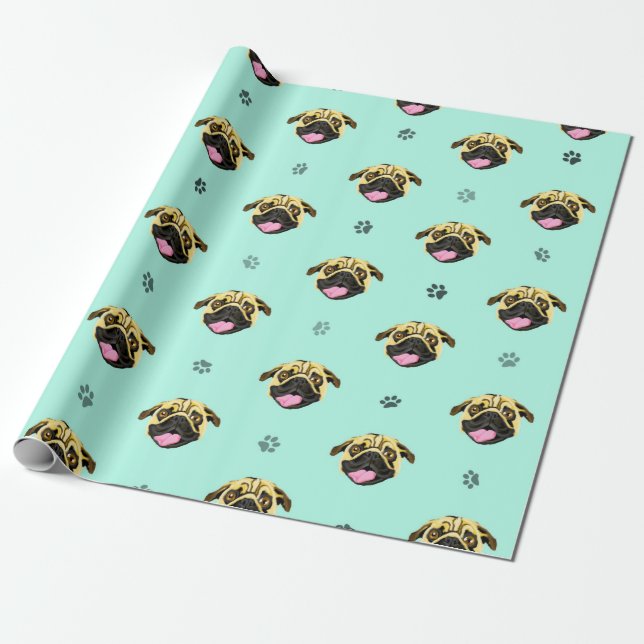 Papel de regalo Pug de menta (Desenrollado)