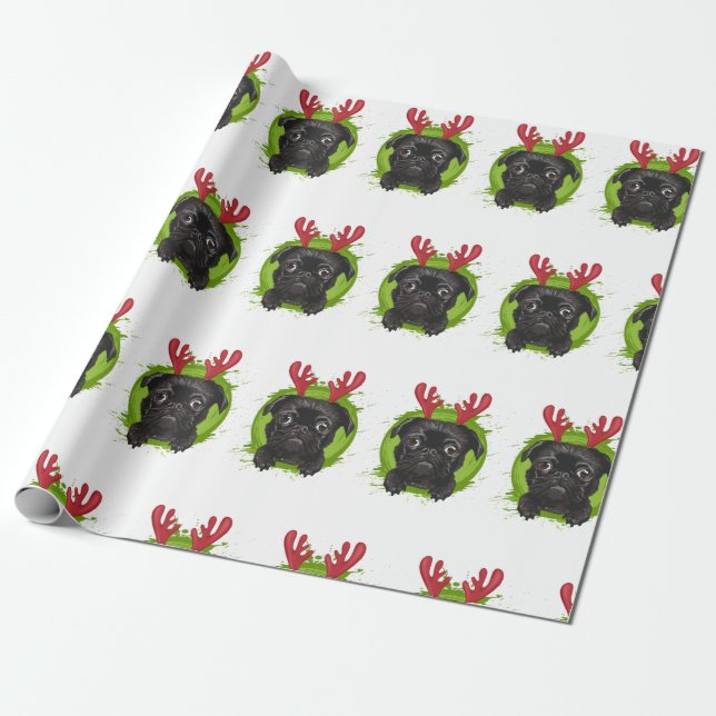 Papel De Regalo Pug de reno (Desenrollado)