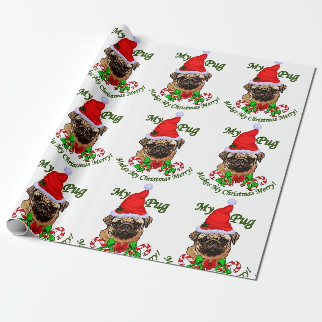 Papel De Regalo Pug Navidades Merry (Desenrollado)