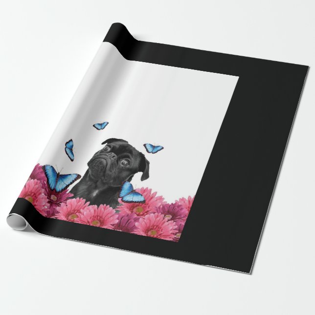 Papel De Regalo Pug Negro Con Mariposas Azules Y Gerberas (Desenrollado)