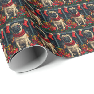 Papel De Regalo Pug Perro Con Regalos De Navidad Chimenea 