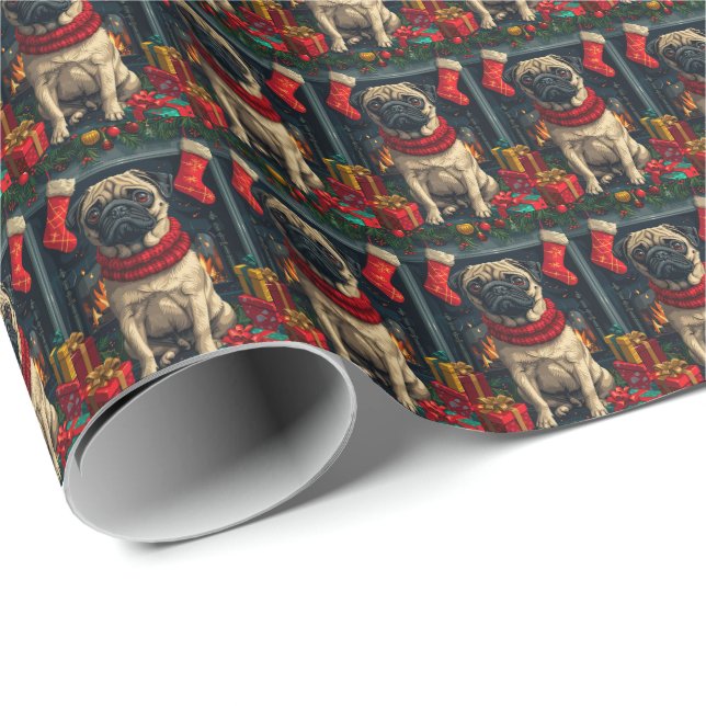 Papel De Regalo Pug Perro Con Regalos De Navidad Chimenea  (Esquina del rollo)