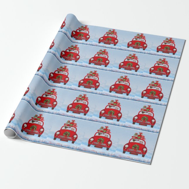 Papel De Regalo Pug Perro En Coche Con Papá Noel  (Desenrollado)