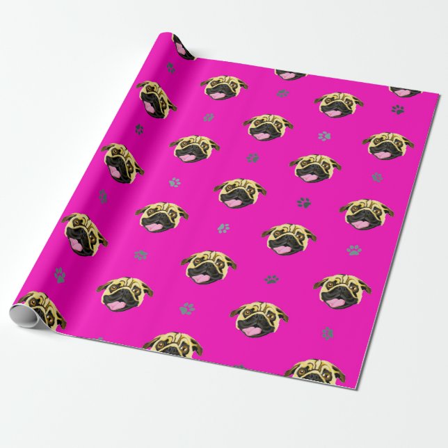 Papel de Regalo Pug Rosa Impactante Rosa Brillante (Desenrollado)