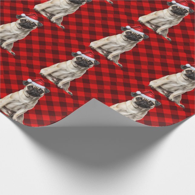 Papel De Regalo Pug Santa Dog Holiday Red Buffalo Plaid Christmas (Esquina)