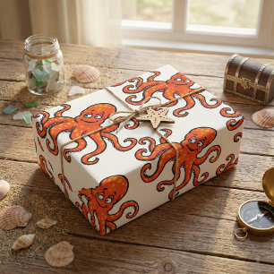 Papel De Regalo Pulpito Naranja Dibujos Animados Océano Criatura M