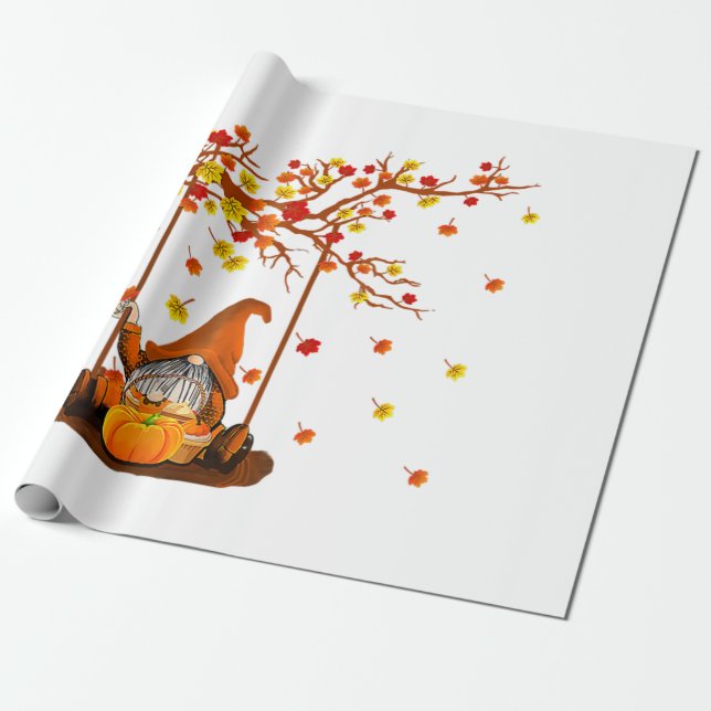 Papel De Regalo Pumpkin Gnomes Fall Autumn Leaves, Cute Thanksgivi (Desenrollado)
