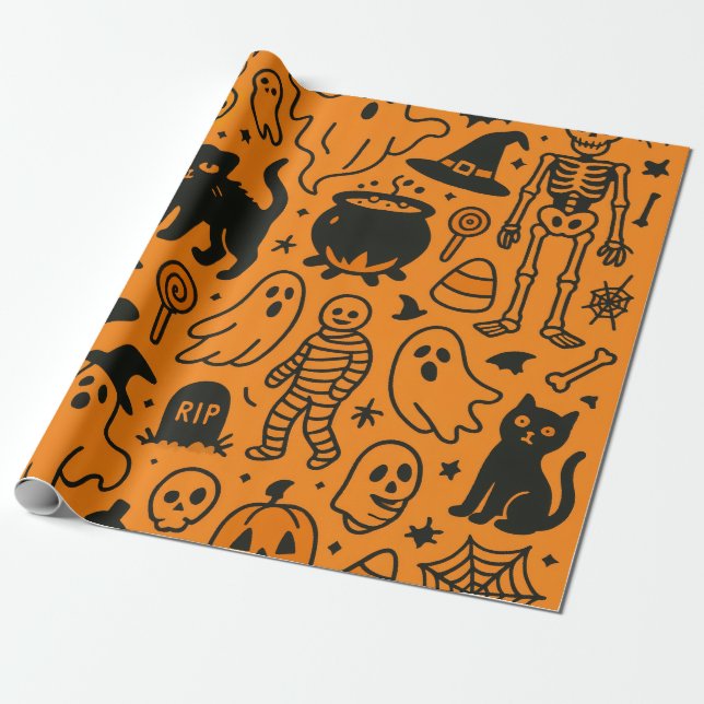 Papel De Regalo pumpkin, skull and ghost patterned wrapping paper (Desenrollado)