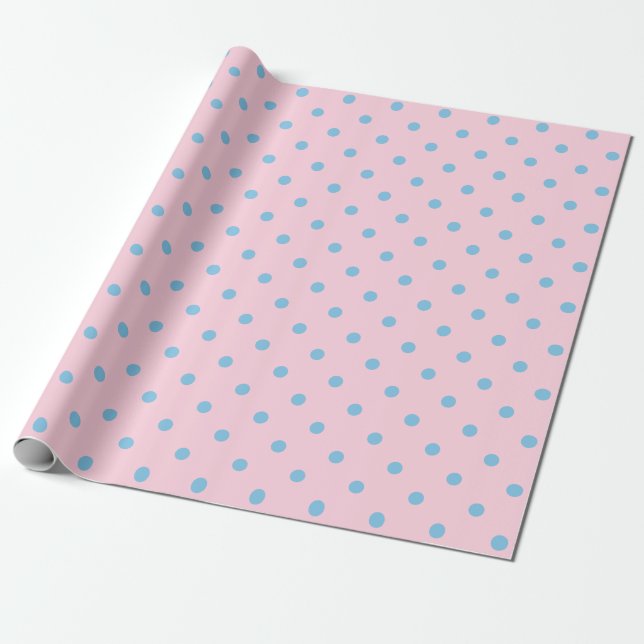 Papel De Regalo Punto de Polka Azul en espacio grande rosa claro (Desenrollado)