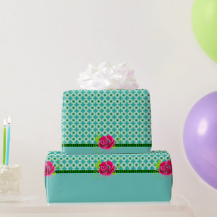Papel De Regalo Punto de Polka Verde y Aqua   Rosa rosa con banda 