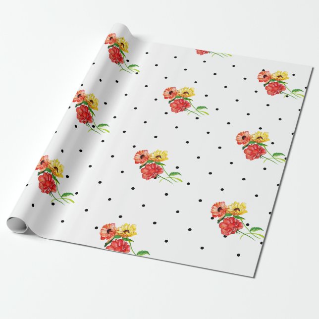 Papel De Regalo Puntos clásicos y flores amarillas rojas (Desenrollado)