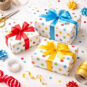 Papel De Regalo Puntos de Polka Rojo y Azul Verde Amarillo Brillan