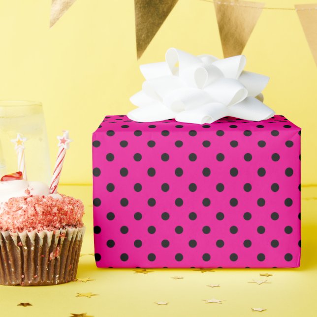 Papel De Regalo Puntos de polka rosados y negros calientes (Fiesta de cumpleaños )