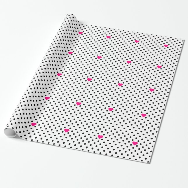 Papel De Regalo Puntos de polka y corazones rosados (Desenrollado)