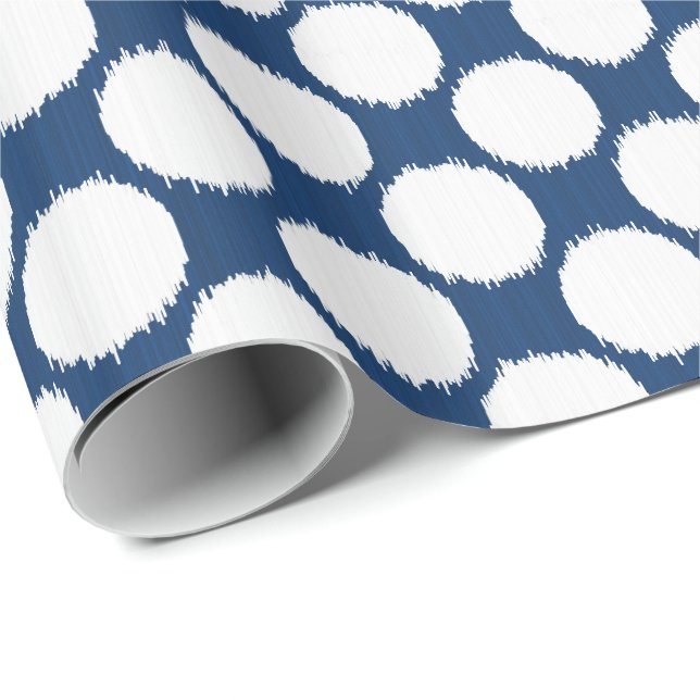 Papel De Regalo Puntos gigantes de Ikat, puntos blancos sobre azul (Esquina del rollo)