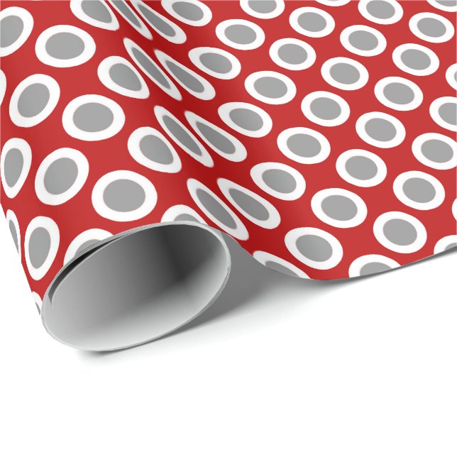 Papel De Regalo Puntos retro en círculo, rojo profundo y gris (Esquina del rollo)