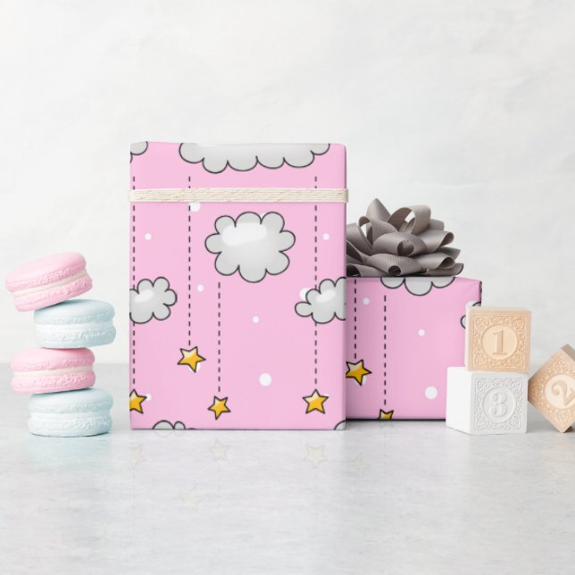 Papel De Regalo Puntos Y Estrellas Bebés Rosa (Baby Shower)