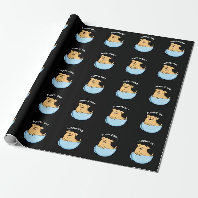 Papel De Regalo Pup-puccino Funny Doggy Cappuccino Pun Dark BG (Desenrollado)