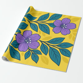 Papel De Regalo Purple Flowers & Teal Leaves on Yellow Background