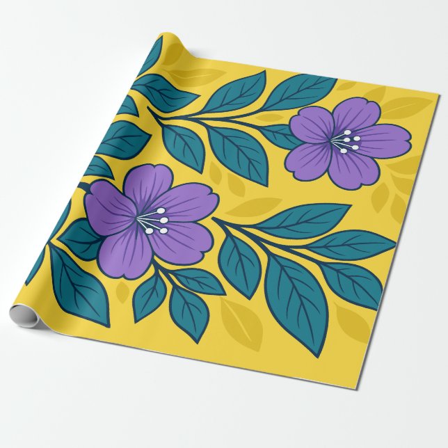 Papel De Regalo Purple Flowers & Teal Leaves on Yellow Background (Desenrollado)