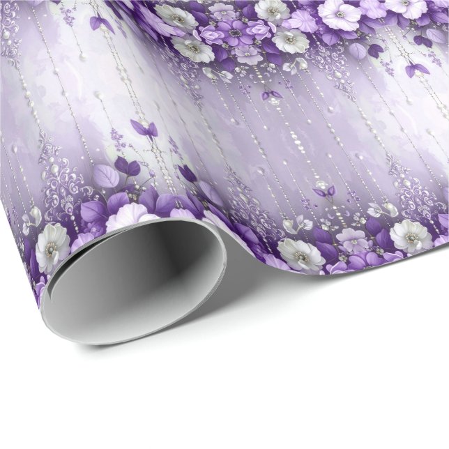 Papel De Regalo Purple Flowers with Dangling Pearls Wrapping Paper (Esquina del rollo)