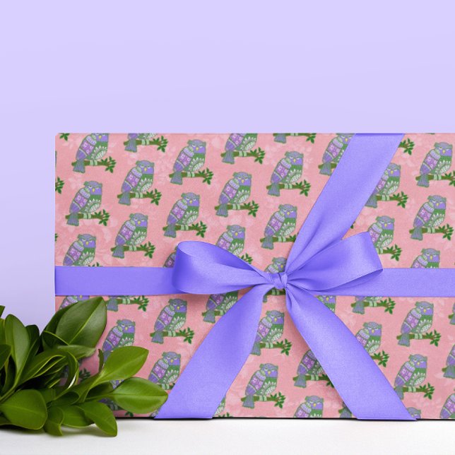 Papel De Regalo Purple Folk Art Owls on Pink Background (Folk Art Owls make a fun wrapping paper!)