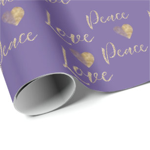 Papel De Regalo Purple Gold Luxe Purpurina Love Peace Hearts