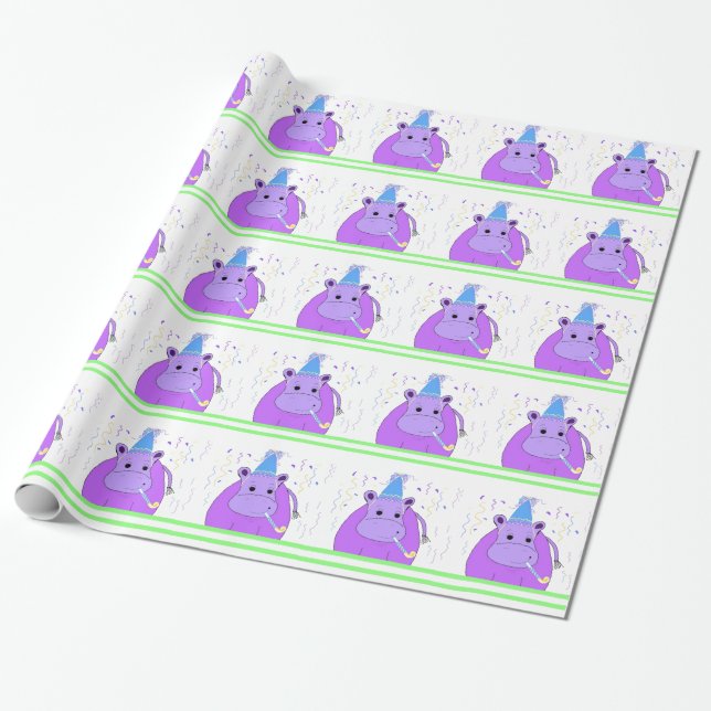 Papel De Regalo Purple Hippo Birthday Design (Desenrollado)