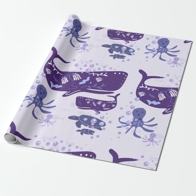 Papel De Regalo Purple Sea Creatures Whimsical (Desenrollado)