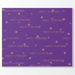 Papel De Regalo Purple & Tan Merry Christmas Star Gift Wrap<br><div class="desc">Un fondo morado junto con estrellas de Tan-Golden de tamaño medio y pequeño dispersas en un patrón con texto de Feliz Navidad escrito por todas partes. Personalizar esto o compra como está.</div>