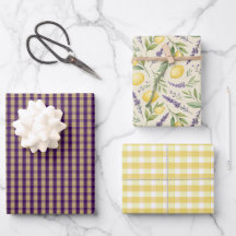 Papel de regalo púrpura amarillo limón margarita e