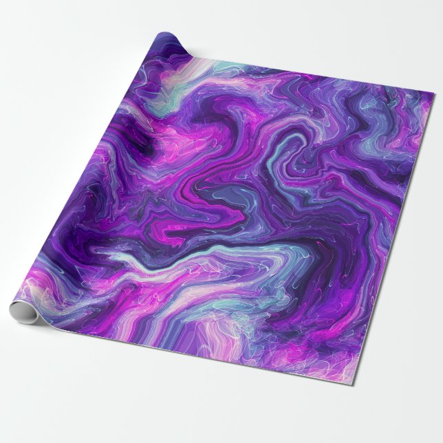 Papel De Regalo Púrpura, azul, marble rosa Fluid Art Cumpleaños (Desenrollado)