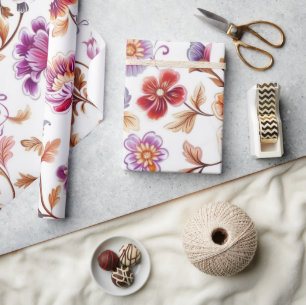 Papel De Regalo Púrpura de lujo y floral de acuarela carmesí