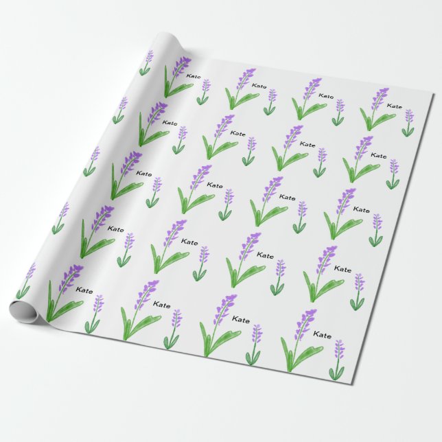 Papel De Regalo Púrpura lavanda floral acuarela agregar nombre tex (Desenrollado)