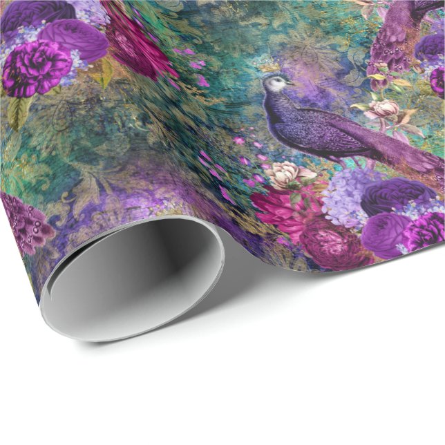 Papel De Regalo Púrpura Pink Peacock Floral (Esquina del rollo)