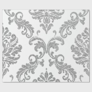 Papel De Regalo Purpurina blanco metálico Damask Silver Gray Royal
