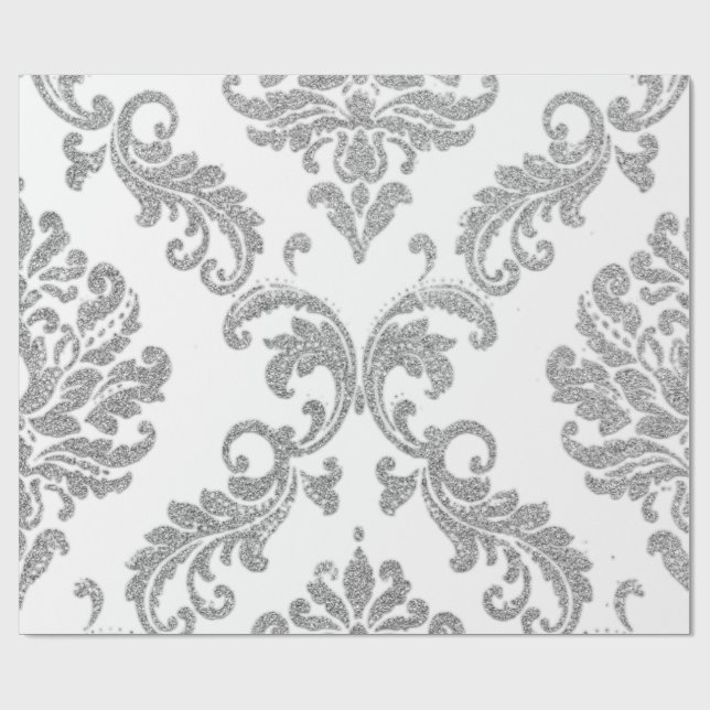 Papel De Regalo Purpurina blanco metálico Damask Silver Gray Royal (Superficie plana)