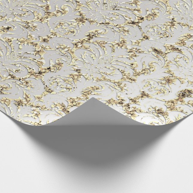 Papel De Regalo Purpurina Damask Faux Gold Gray Silver Royal (Esquina)