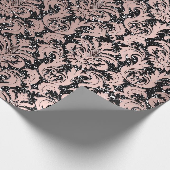 Papel De Regalo Purpurina Damask Rosa negro oro elegante Royal (Esquina)
