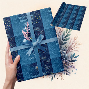 Papel De Regalo Purpurina de Año Nuevo esparcido azul Fiesta flora
