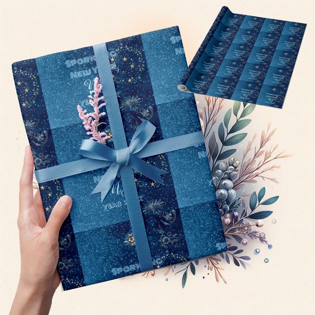 Papel De Regalo Purpurina de Año Nuevo esparcido azul Fiesta flora (Blue Sparkling New Year Glitter Stars Floral Party Wrapping Paper)
