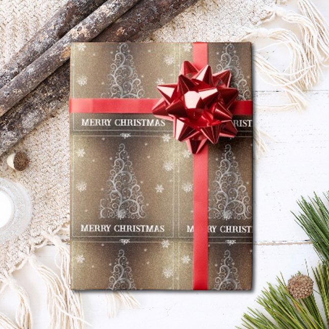 Papel De Regalo Purpurina de árbol de Navidad y copos de nieve | O (Gold Christmas Tree Glitter and Snowflakes Wrapping Paper)
