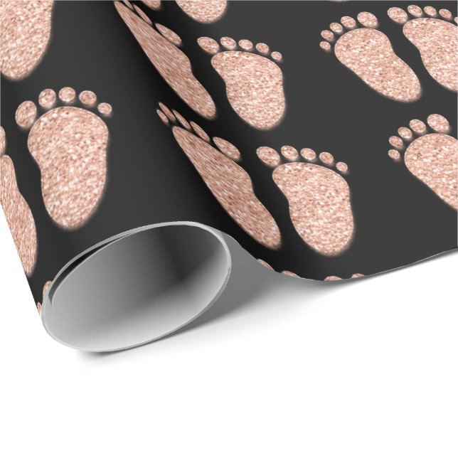 Papel De Regalo Purpurina de Baby Shower Chica Black Rosa Gold Fee (Esquina del rollo)