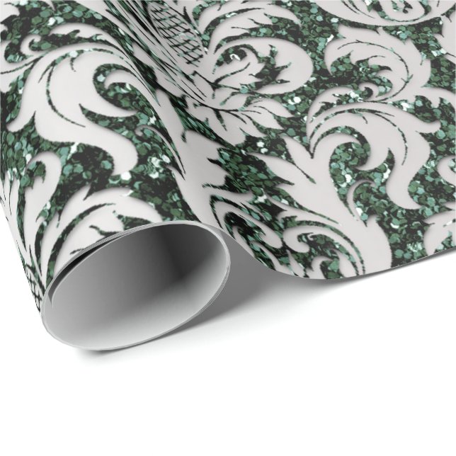 Papel De Regalo Purpurina de cristal Cali Green Gray Silver Damask (Esquina del rollo)