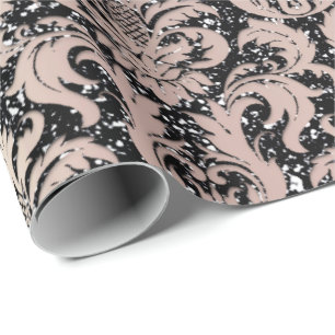 Papel De Regalo Purpurina de Damasco Negro Rosa Pearly Metallic