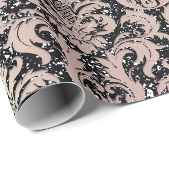 Papel De Regalo Purpurina de Damasco Negro Rosa Pearly Metallic (Esquina del rollo)