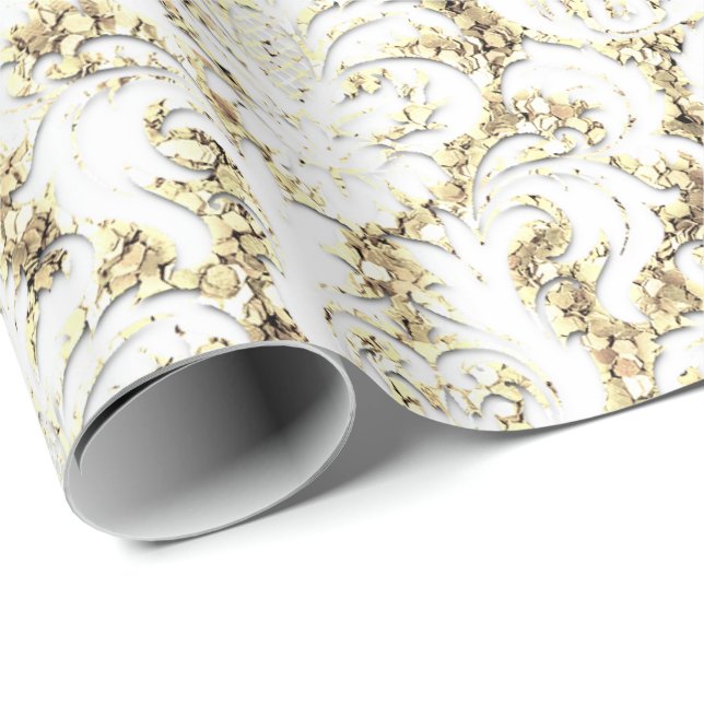 Papel De Regalo Purpurina de Damask Faux Gold White Lux (Esquina del rollo)