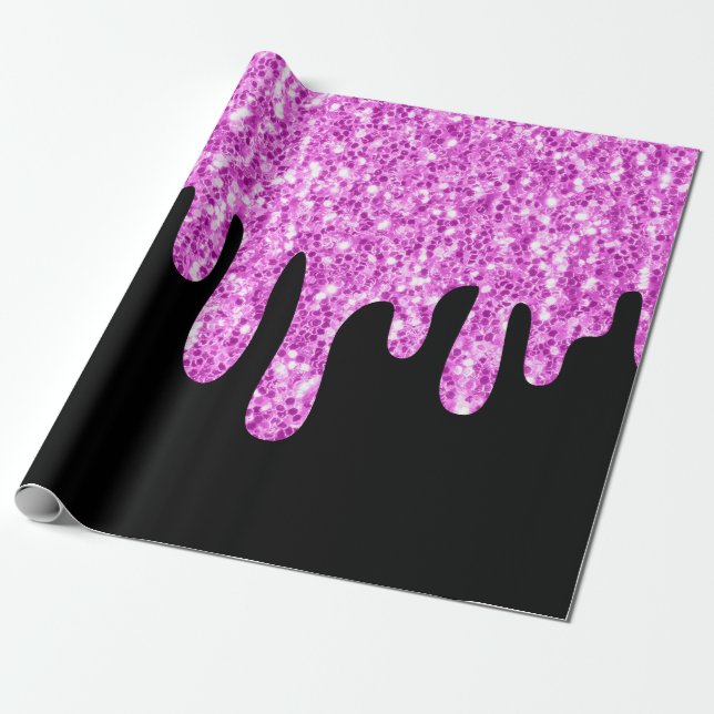 Papel De Regalo Purpurina de esparkles de goteo negro rosado (Desenrollado)