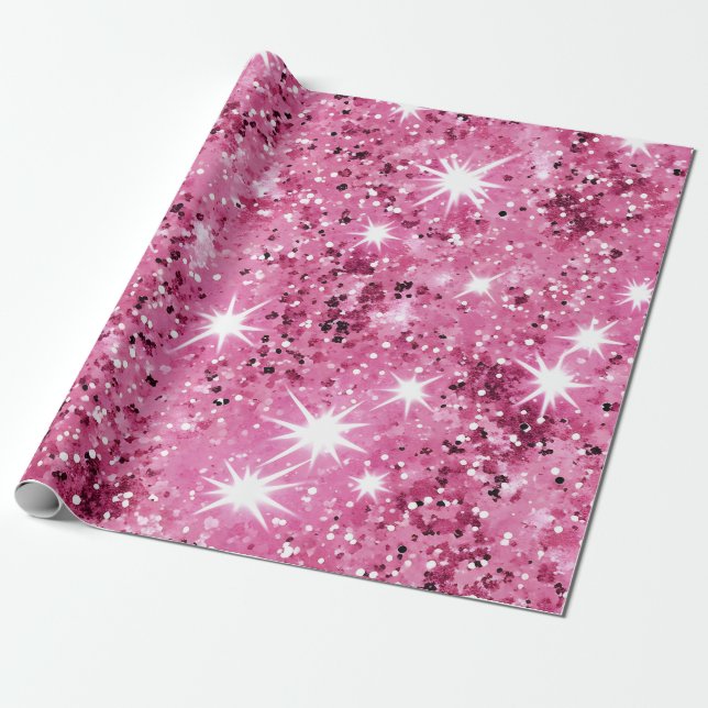Papel De Regalo Purpurina de estrellas rosadas calientes (Desenrollado)